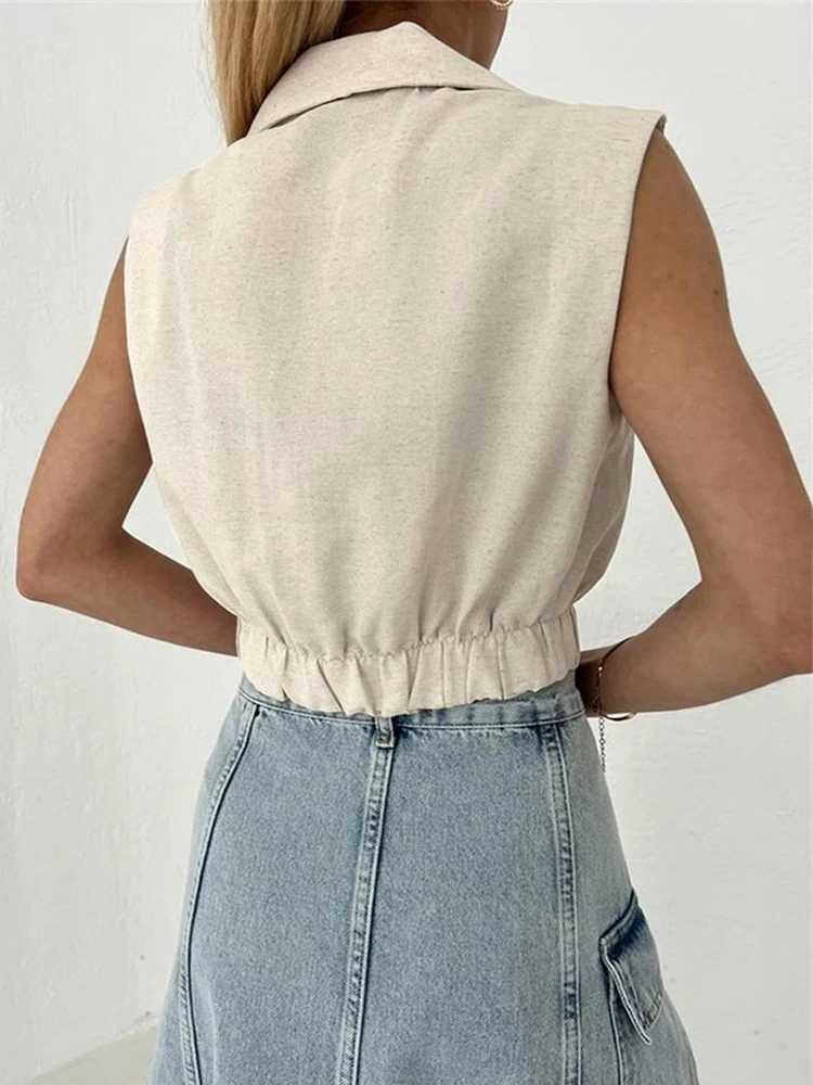 Summer Women Solid Khaki Linen Tank Tops Sleeveless V-neck Vest Crop Tops For Women Female M250513