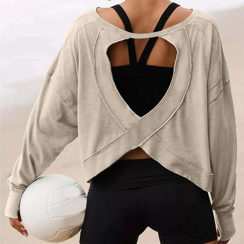 Loose Long-sleeved T-shirt Blouse Age-reducing Hollow Short Round Neck Women's Sports