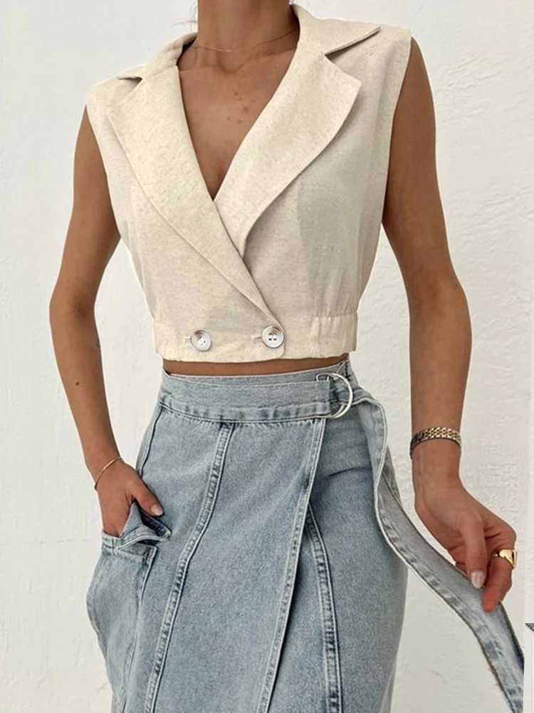 Summer Women Solid Khaki Linen Tank Tops Sleeveless V-neck Vest Crop Tops For Women Female M250513