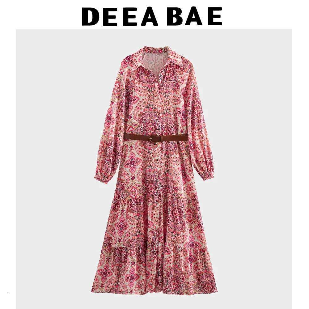 DEEABAE New Spring And Summer Design Niche High-end Retro Floral Long Sleeve With Belt Printed Midi Dress
