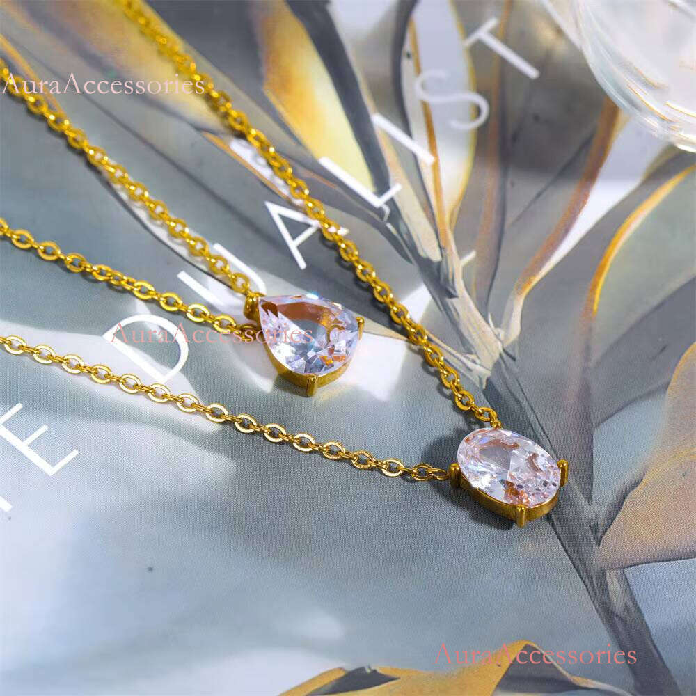 High End Gold Dainty Waterdrop & Oval Zirconia Stainless Steel Pendant Hypoallergenic Waterproof Necklace Fashion Jewe
