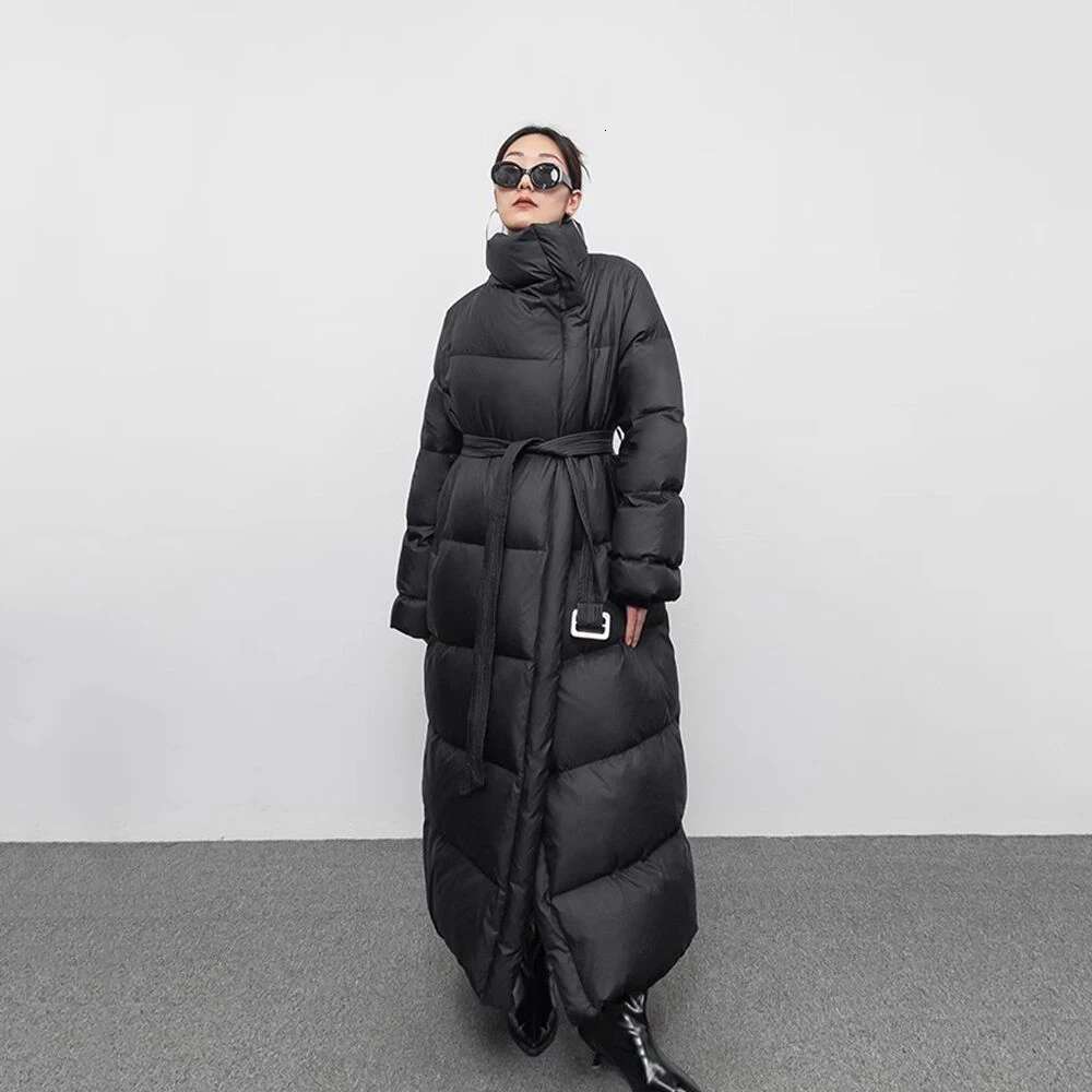 Winter Large Lapel Long Overcoat Women 90 White Duck Loose Knee Length Bread Cotton Quilt Jacket Warm Down Coat