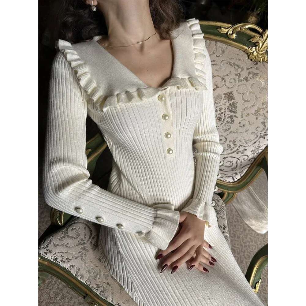 TARUXY High Waist Ruffled Maxi Dresses For Women Autumn Winter Knitted Slim Long Women's Vintage Dress Woman Retro Elegant