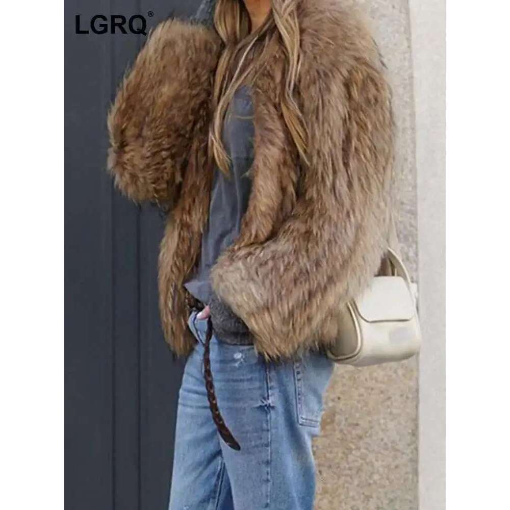 LGRQ 2025 New Fur Fashion Women Clothes, Full Sleeves Wool Blends Khaki Color Open Over Coat ,Wq1009604l Designer