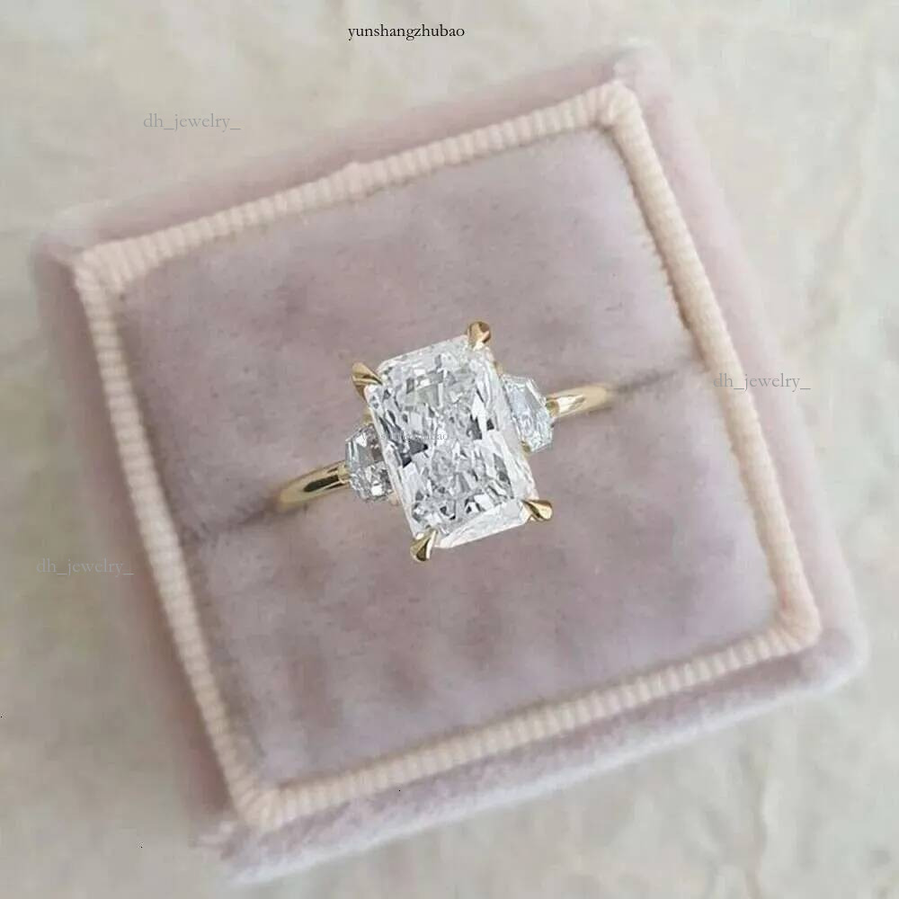 3.00CT Moissanite Emerald And Caic Cut 3 Stone Engagement Ring Yellow Gold