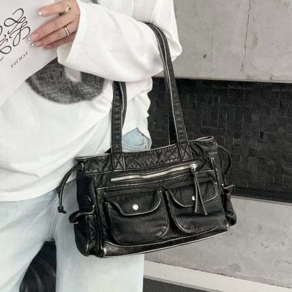 Punk Multiple Pockets Motorcycle Bag Retro Drawsting Women Shoulder Bags Soft Pu Leather Handbags Large Tote Shopper Purses Y2k
