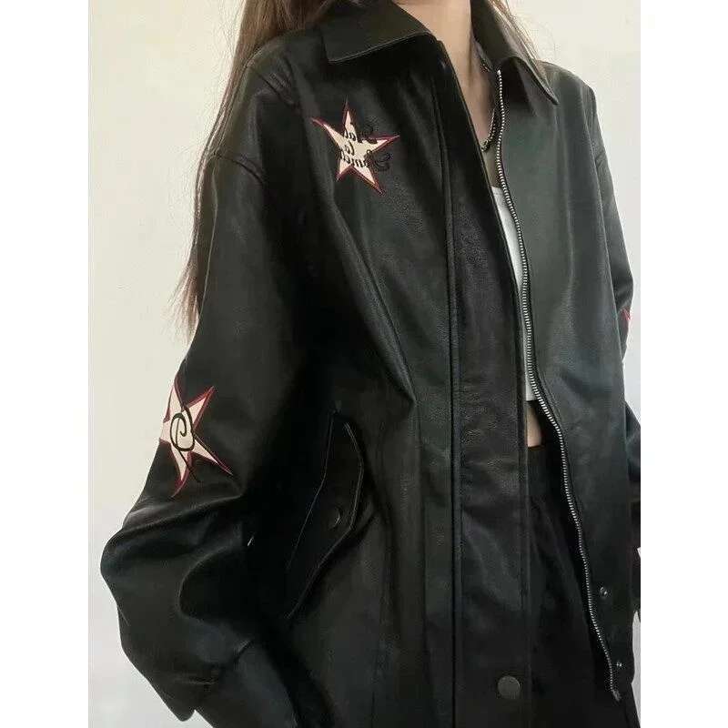 Unisex Star Print PU Leather Retro Jacket Turn Down Collar Zipper Streetwear Outwear Embroidered Oversized Gothic Coat for Women