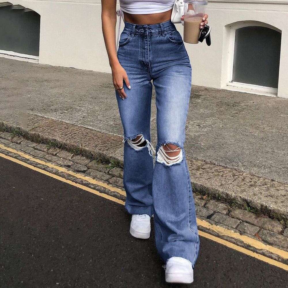 European American denim wide leg pants with holes and micro flared jeans 2025 new casual versatile fashion clothing