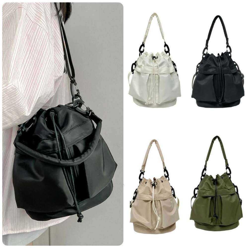 Fashion Drawstring Pleated Bucket Lightweight Causal Nylon Shoulder Bag Large Capacity Crossbody Bags Women Portable Handbag