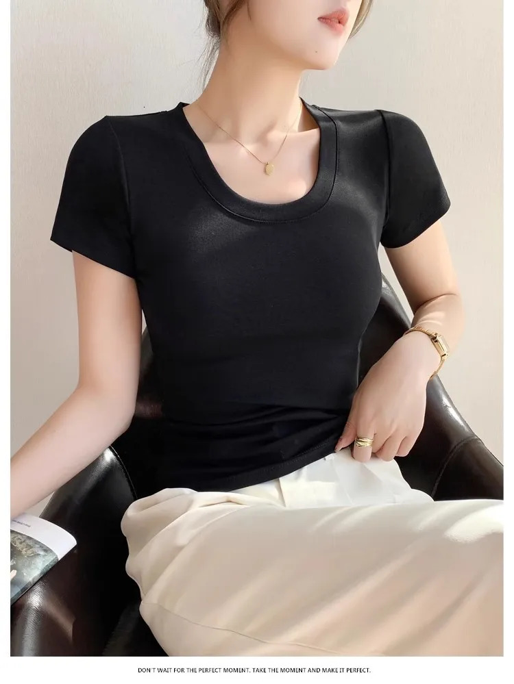 Tshirt Womens Short Sleeve Summer Show Collar Slim Threaded Round Neck Body Shirt White Tops 250513