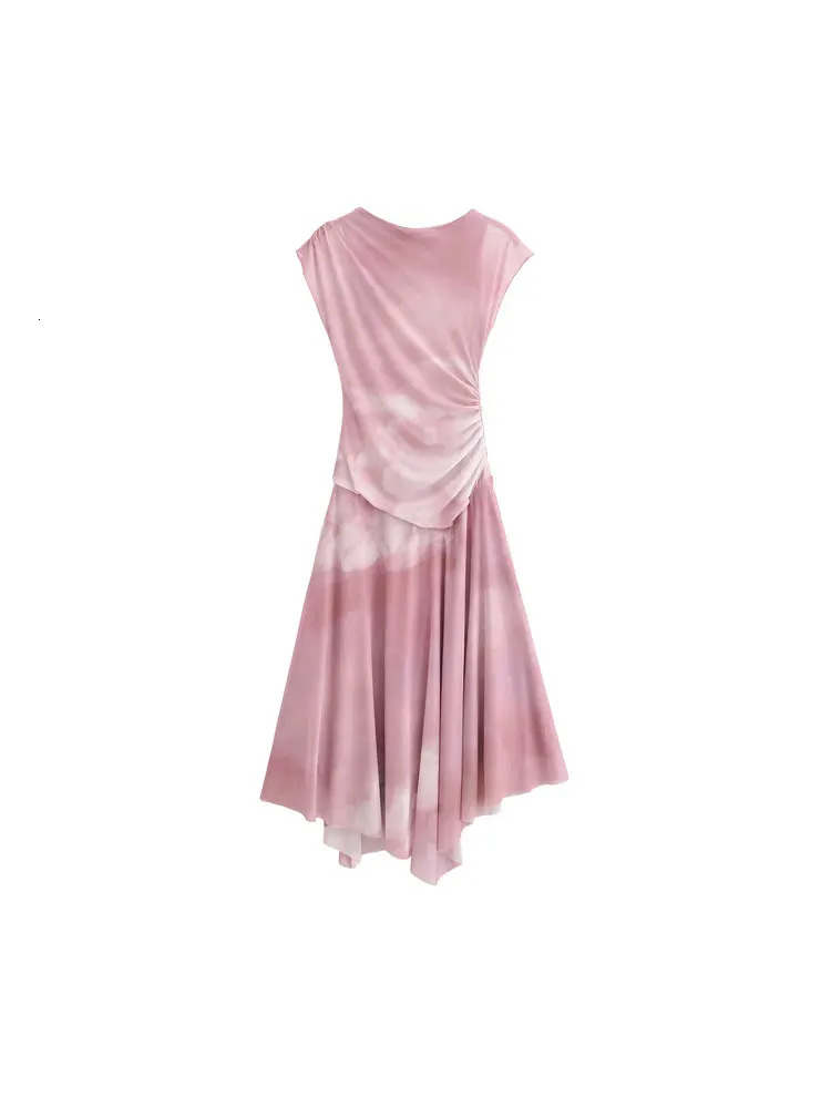 TRZA Women Fashion Gathered Print Tulle Midi Dress Sleeveless Asymmetric Hem Female Dresses Vestidos Mujer 250513