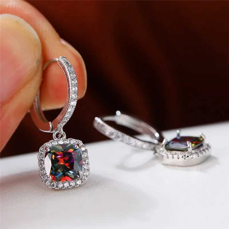 Dainty Female Rainbow Crystal Drop Earrings Rose Gold Silver Color Hoop Earrings Charm Bridal Square Wedding Earrings For Women Y250510