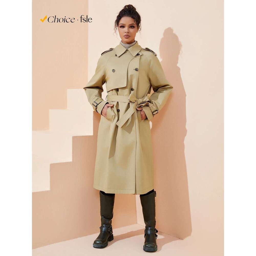 FSLE Khaki Autumn Long Coats Turn Down Collar Full Sleeve 100% Cotton Women Oversized Trench 24FS11325