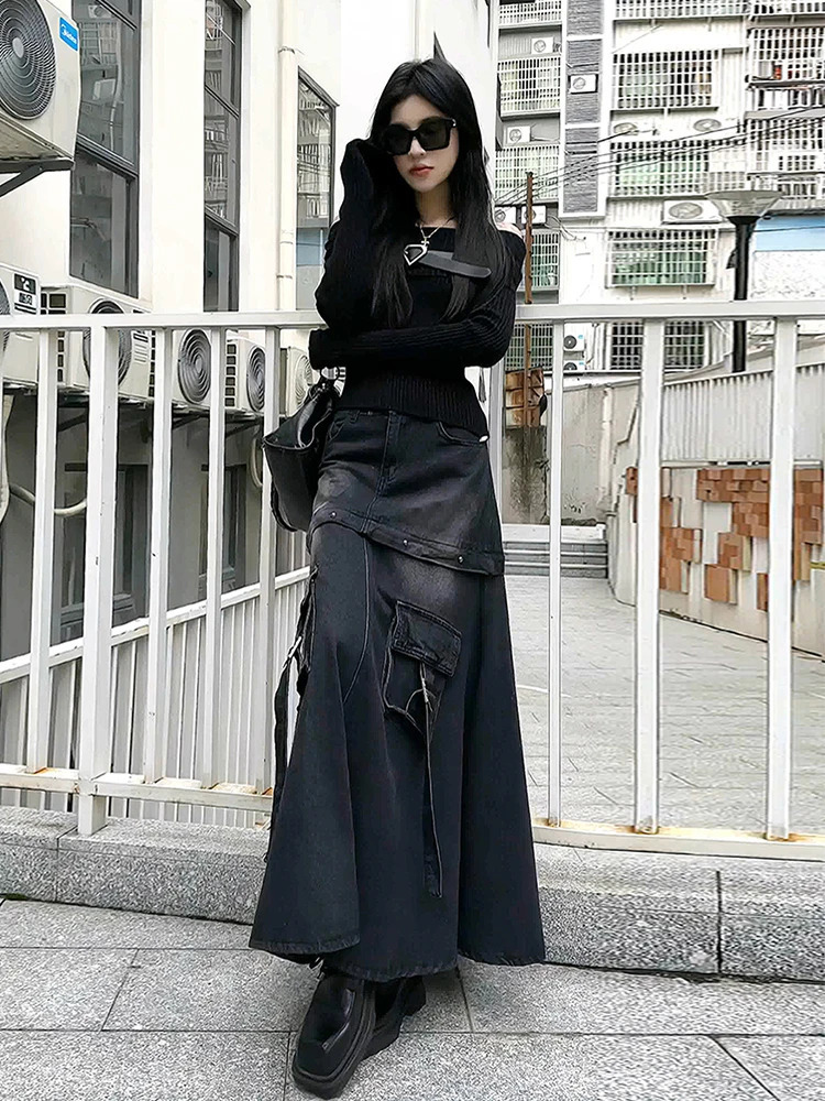 High Quality Black Denim Skirt Thin Office Lady Vintage Fashion Pockets Autumn Winter Waist ALine n Gothic 250513