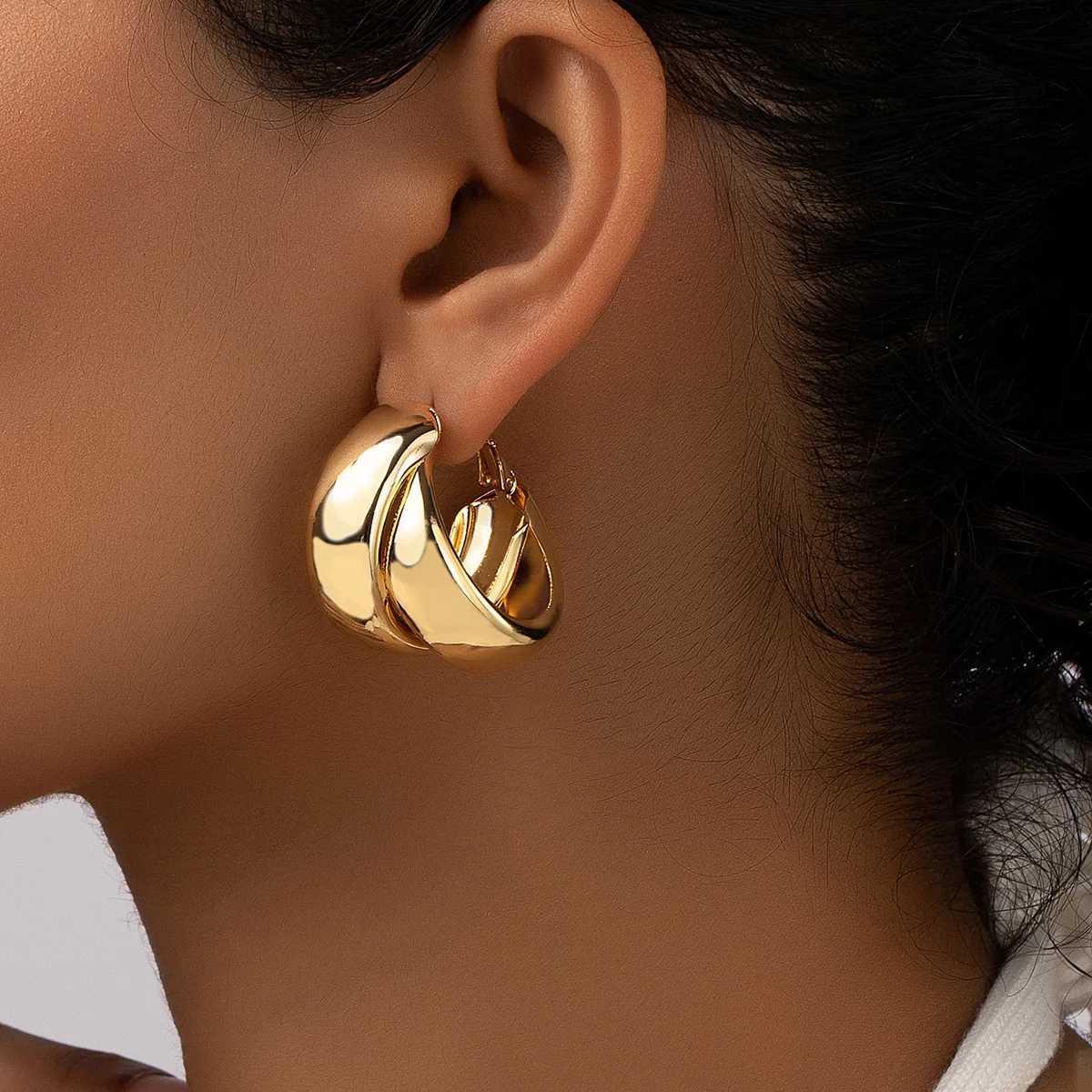 Fashion Stainless Steel Smooth Metal Chunky Hoop Earrings for Woman Vintage Double Layered Circle Exaggerated Earrings Jewelry Y250510