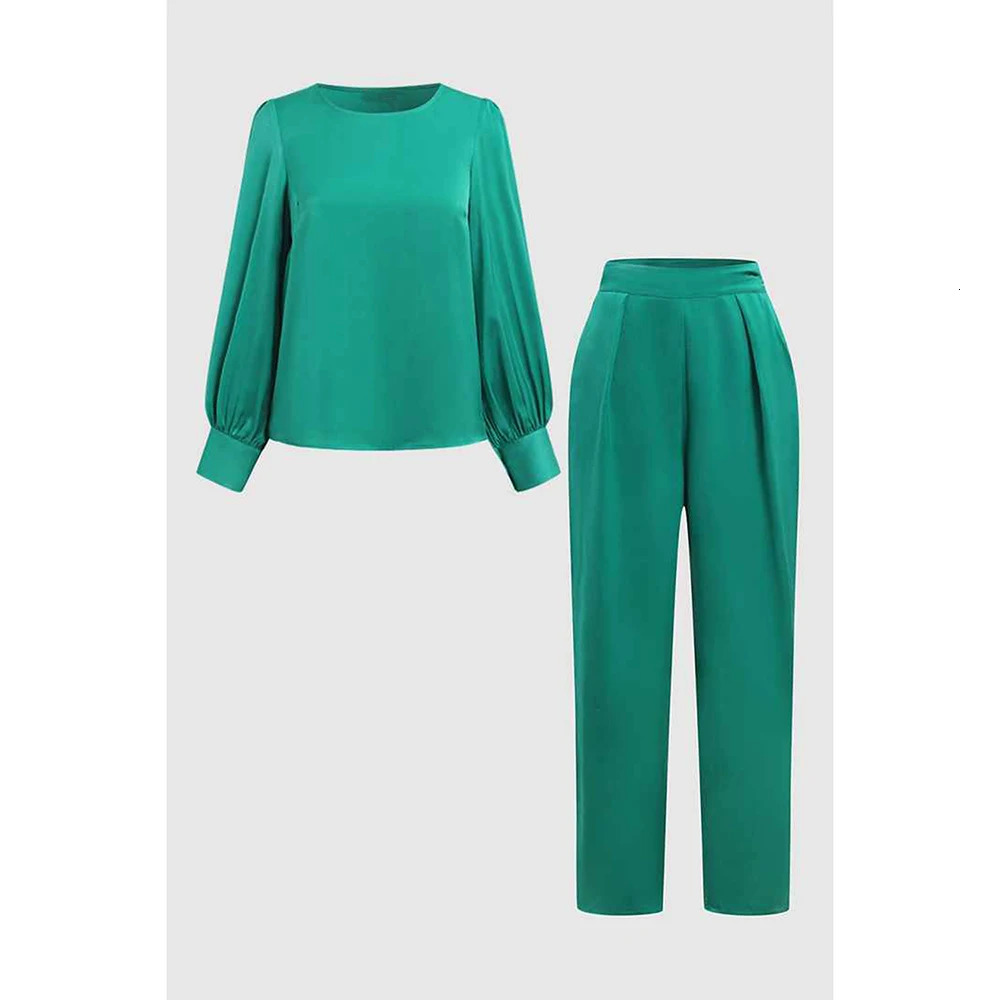 Large Business Casual Green Satin Pants Set Round Neck Lantern Sleeve Wide Leg Two Piece 250506