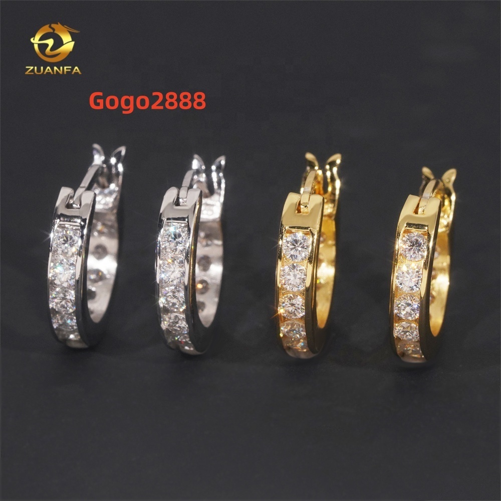 High Quality Low Price 925 Sterling Silver Hip Hop 18k Gold Plated 2mm Moissanite Diamond Hoop Earrings