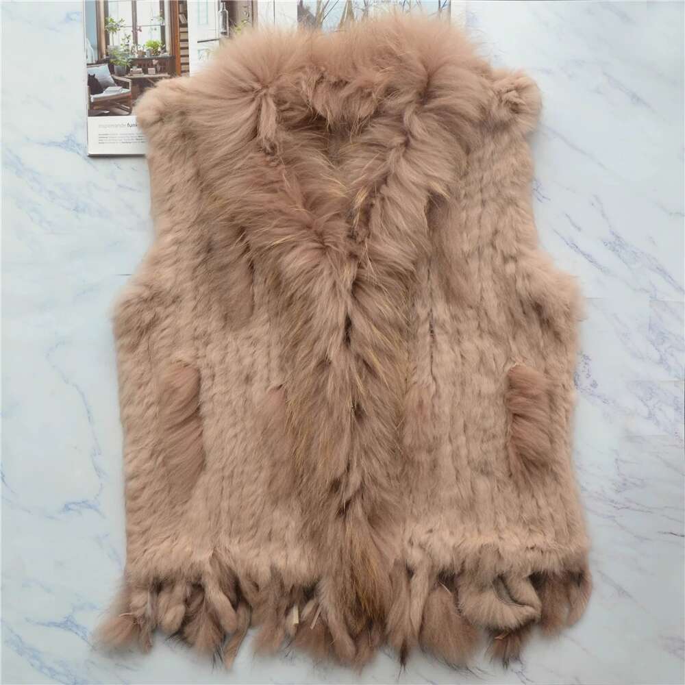 Women Genuine Real Rabbit Vest Coat Tassels Raccoon Fur Collar Jacket Waistcoat Wholesale Drop Shipping