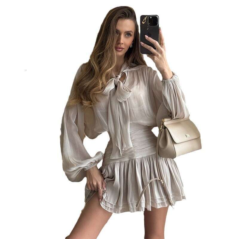 New Fashionable Bow Tie Top For Women's Clothing, High Waisted Pleated Skirt, Casual Set B5