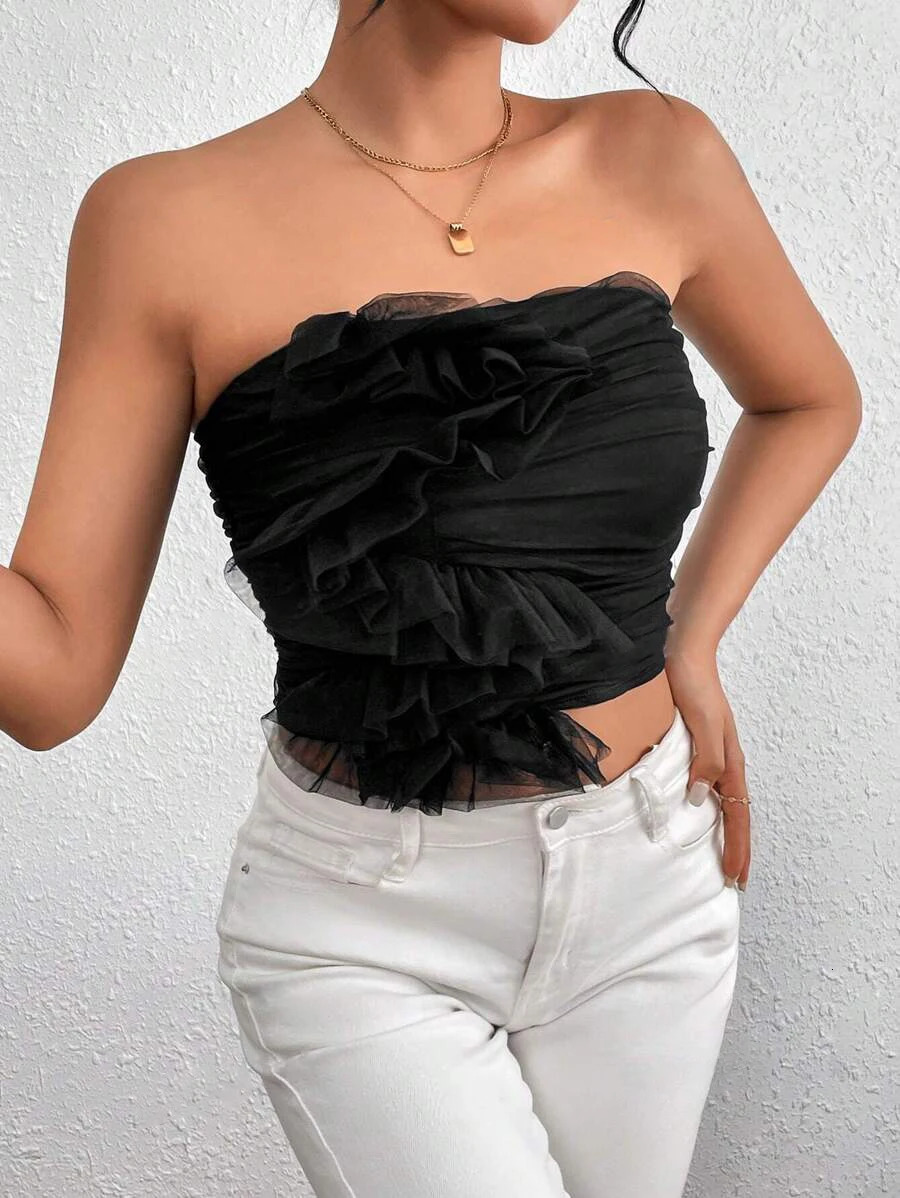 Womens summer style stylish sexy mesh pleated strapless backless top 250513