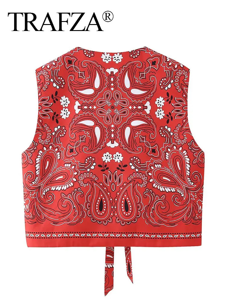 TRAFZA Women Fashion Paisley Print Vest Front Bow Lace Up O Neck National Style Vests Sleeveless Waistcoat Vintage Red Tank Tops 250506