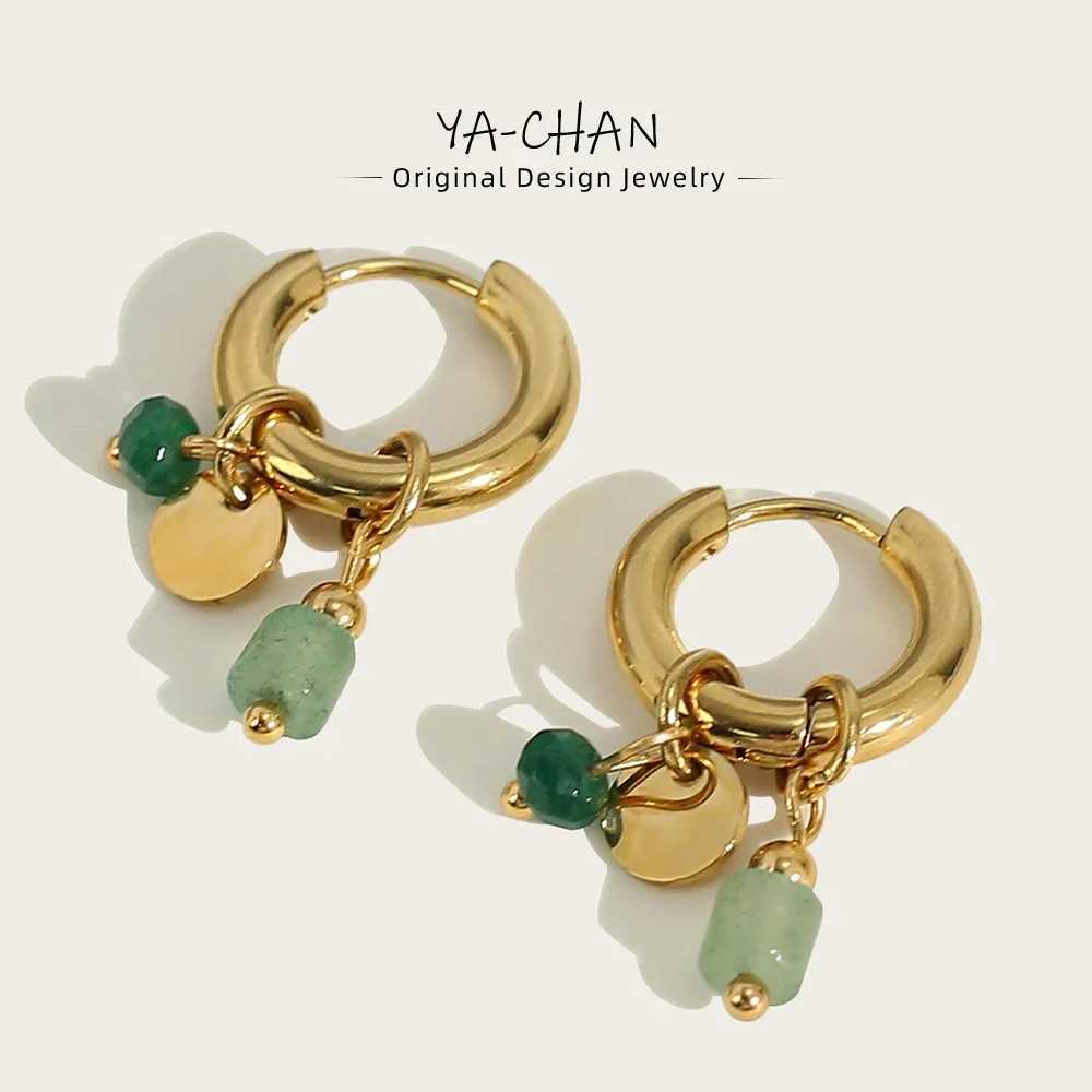 YACHAN 18K Gold Plated Stainless Steel Hoop Earrings for Women Vintage Green Natural Stone Charms Trendy Waterproof Jewelry Y250510