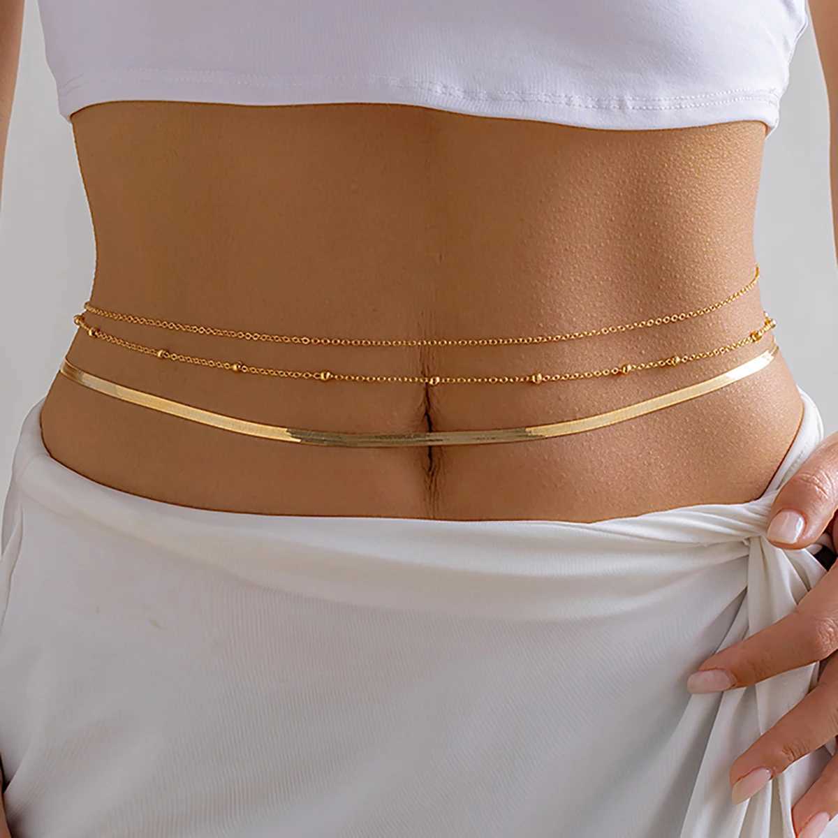 Salircon Minimalist multi-layer metal flat snake chain belly Waist chain Punk Metal Ball Sexy Bikini Summer Body Jewelry GiftT250513
