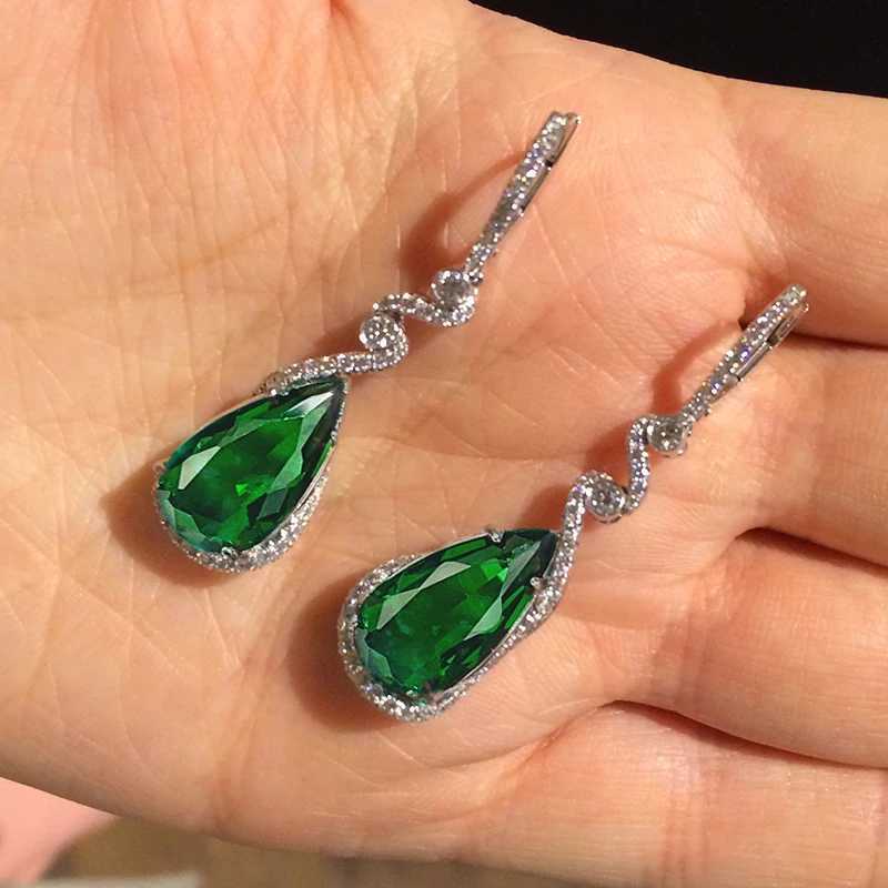 Huitan Luxury Pear Green Cubic Zirconia Earrings for Women Temperament Hanging Earrings Engagement Wedding Party Fashion Jewelry Y250510