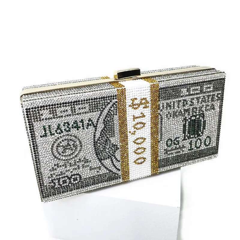 New Creative Fashion Money Clutch Rhinestone Purse 10000 Dollars Stack Bags of Cash Evening Handbags Shoulder Wedding Dinner Bag