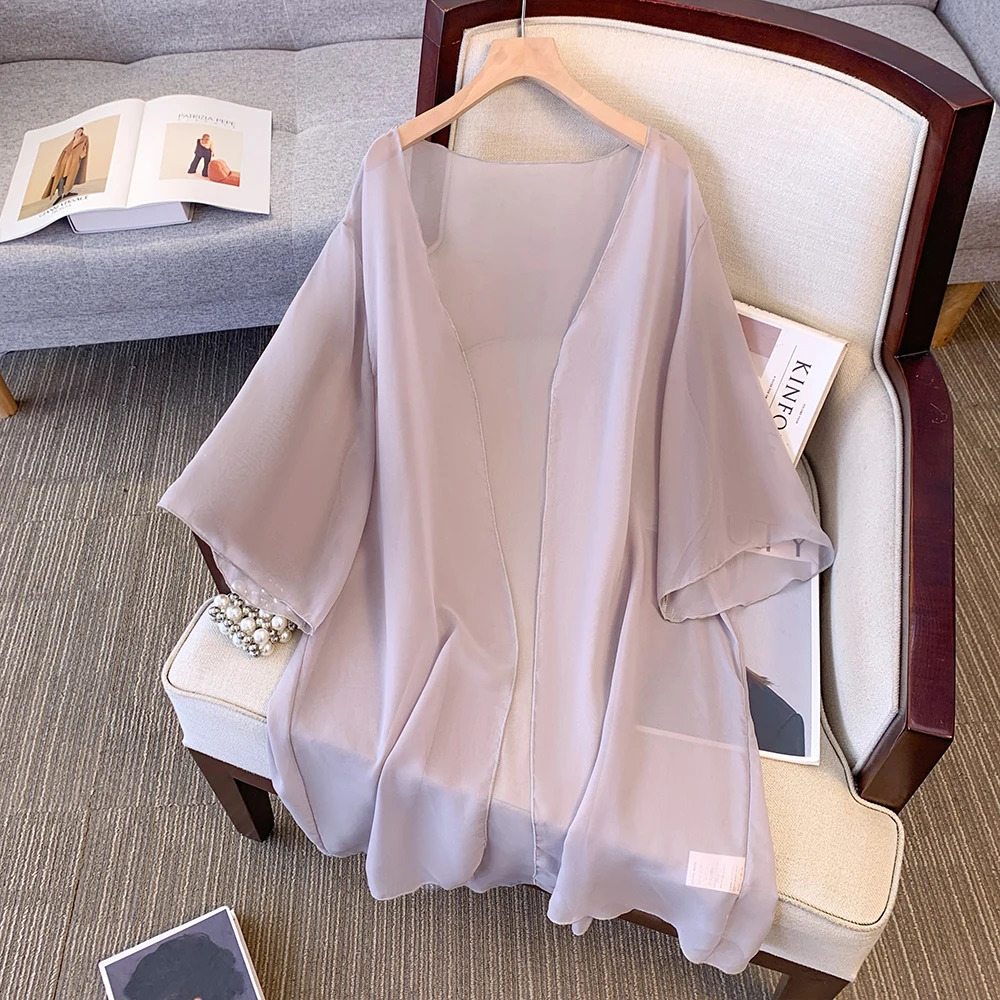 Plus size womens summer casual dress set loose and comfortable chiffon with light mesh shaving French elegant party 250506