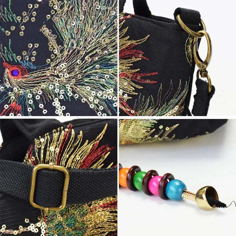 Ethnic Style Sequins Tote Bag, Pea Embroidery Handbags, Vintage Canvas Crossbody Bag