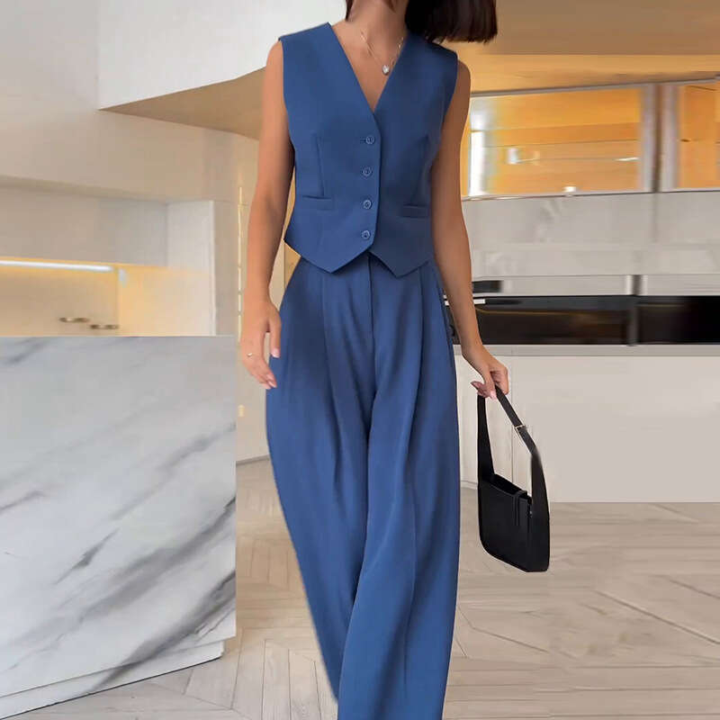 Women's Summer New V-Neck Sleeveless Vest, Hanging Wide Leg Trousers Casual Set B5