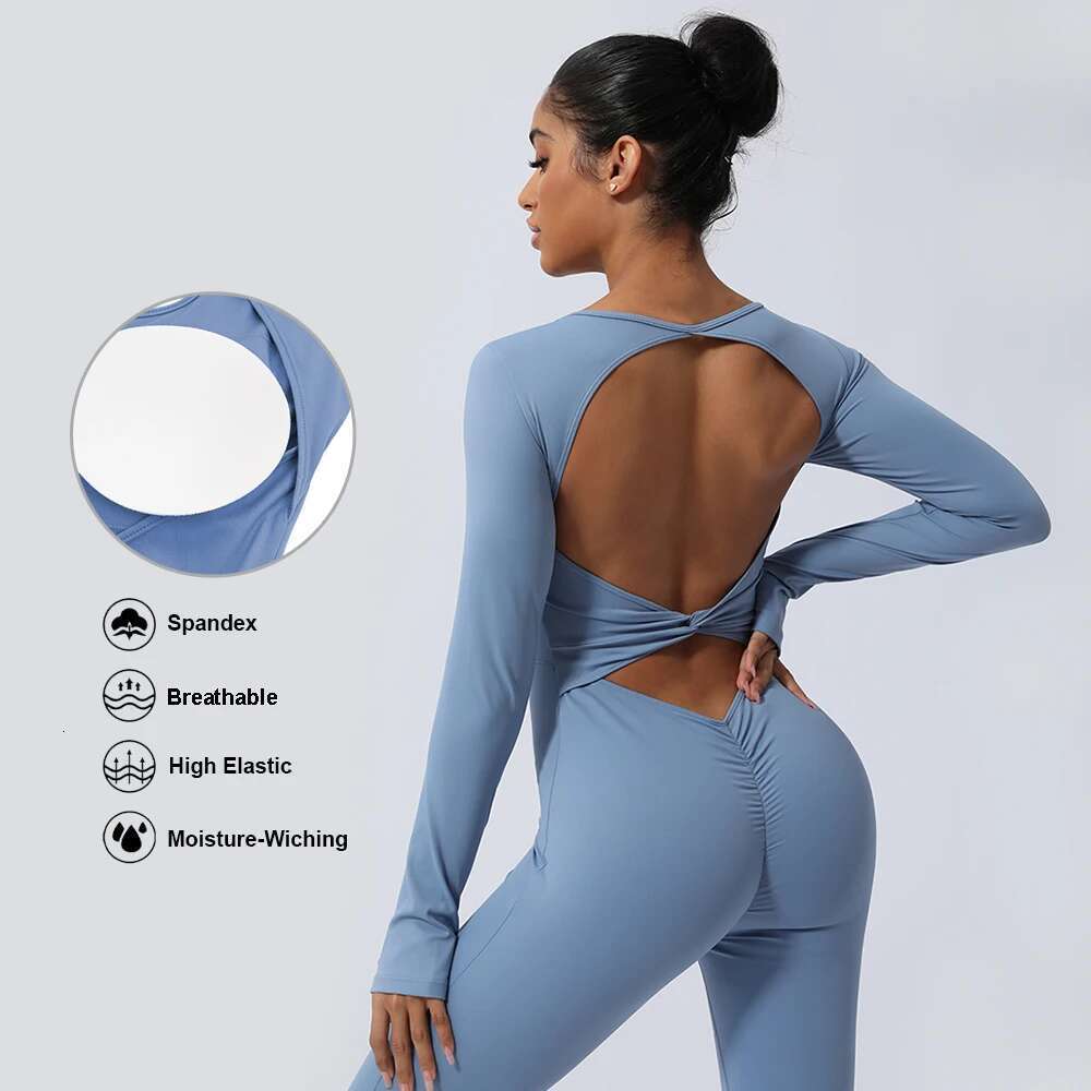 Women Fiess Jumpsuit Backless Long Sleeve Tights Yoga Running Training With Padded Sport Set