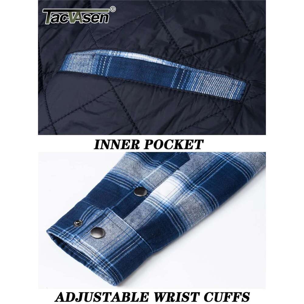 TACVASEN Winter Plaid Cotton Jackets Mens Long Sleeve Quilted Lined Flannel Shirt Jacket Multi-Pockets Outwear Hiking Coats Tops