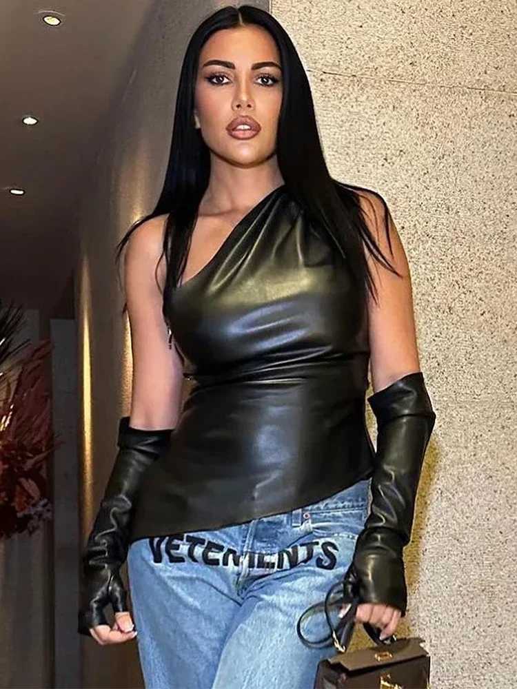 Trendix Slant Collar PU Top Sexy Asymmetrical Off Shoulder Slim Streetwear Tanks Fashion Elegant One Shoulder Vest Clubwear M250513