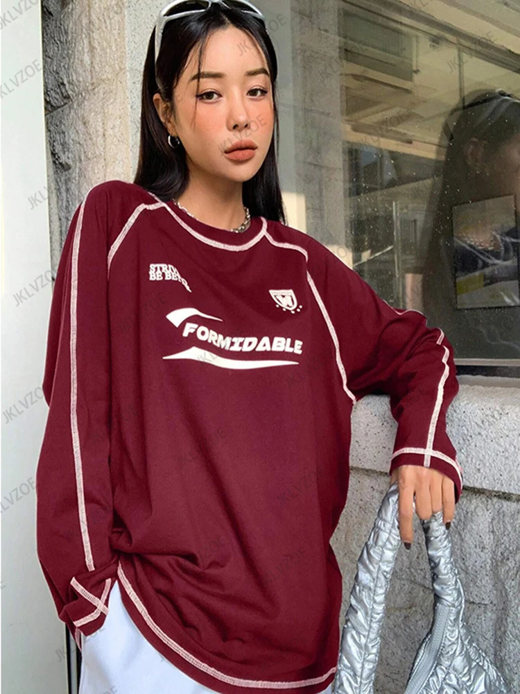 Spring Autumn Letter Print TShirt For Women Fashion ONeck Long Sleeve Sports Football Jersey Y2K Loose Oversized Tops 250513