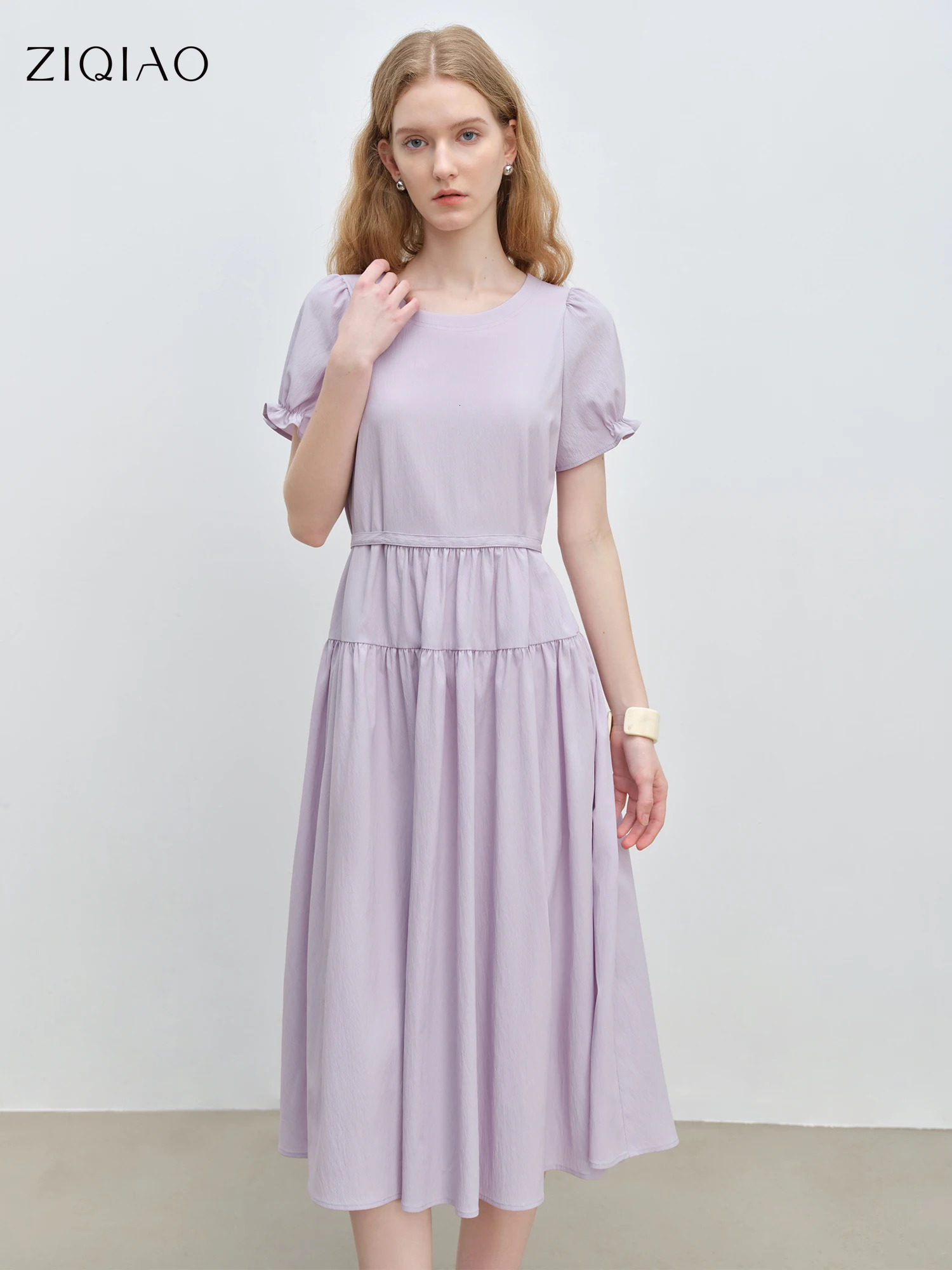 ZIQIAO Summer Arrival Petite Purple Shortsleeve Simple Adjustable Waist Dress for WomenGentle 25ZQ92286 250513