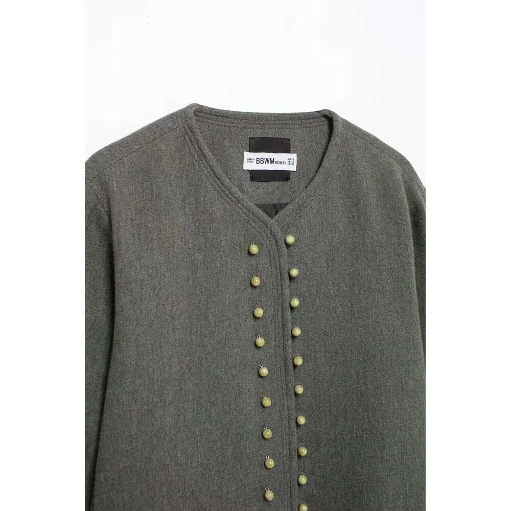 European and American style spring new round collar ball decoration double-breasted long-sleeved casual jacket female temperamen
