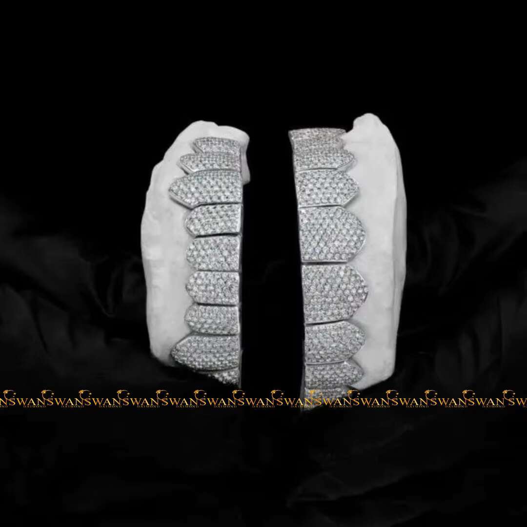 Trending Hp Hop Teeth Grillz Made by 925S Silver and Crafted From Moissanite Round Brilliant Cut VVs Clarity Diamonds for Men