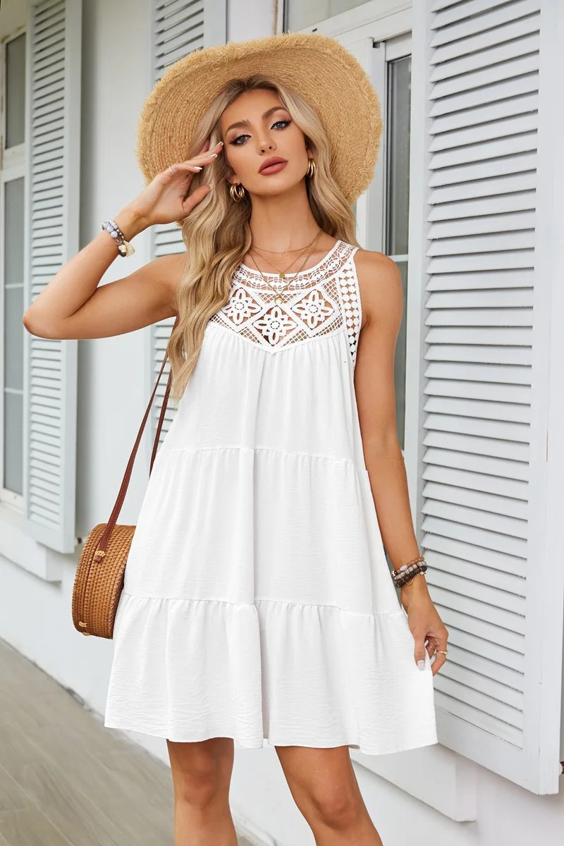 Beach mini dress with camisole sleeveless hollow out lace casual round neck elegant vacation style 250513