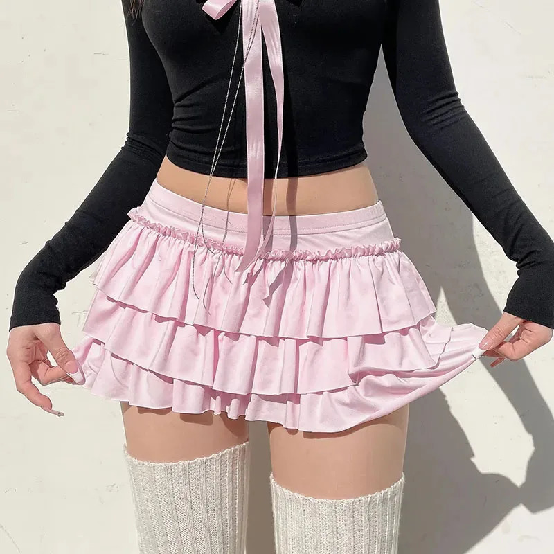 Bow Sweet ALine Skirts Women Sexy Slim LowWaist Casual Mini Y2K Female Summer Fashion Streetwear AllMatch Pink 250513