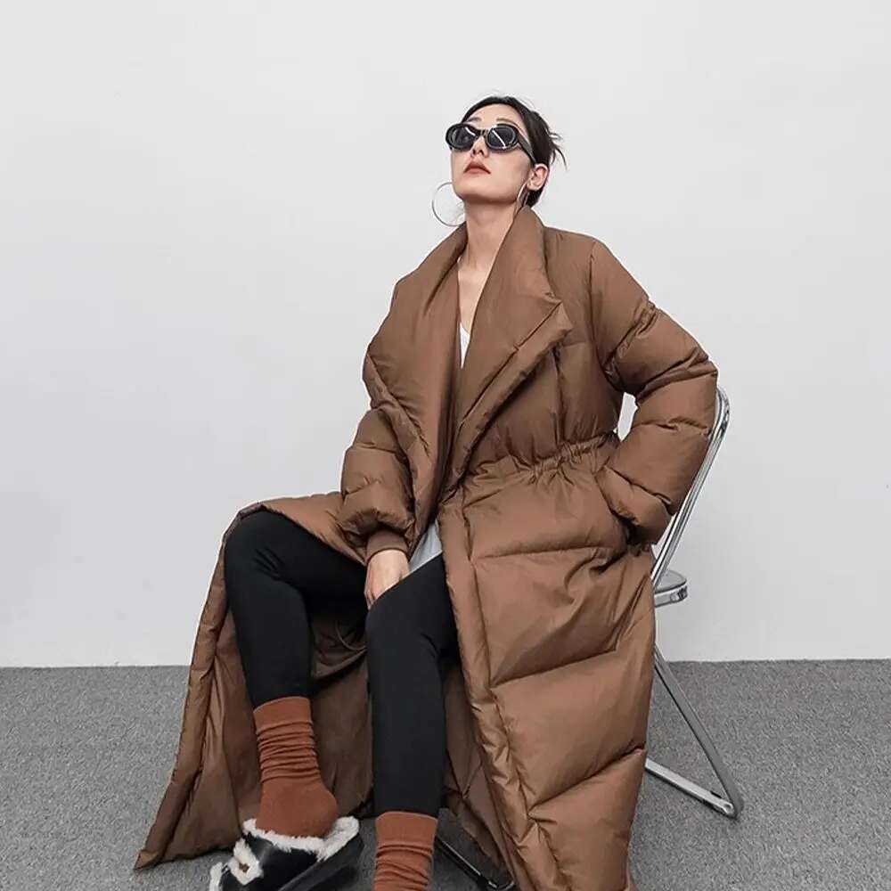 Winter Large Lapel Long Overcoat Women 90 White Duck Loose Knee Length Bread Cotton Quilt Jacket Warm Down Coat