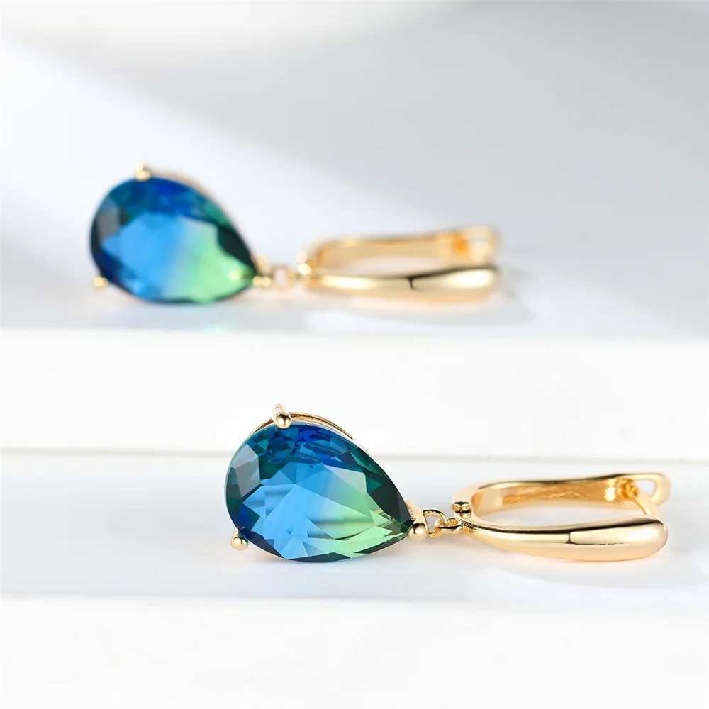 Trendy Crystal Blue Green Rainbow Zircon Stone Hoop Earrings For Women Vintage Gold Color Wedding Jewelry Y250510