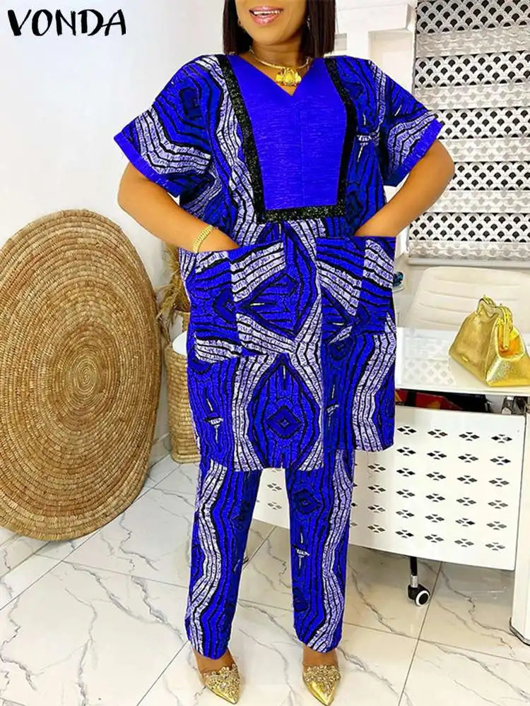 Size 5XL Womens Summer Printed Casual Pants Set VONDA 2024 Retro Short Sleeve Top Loose Two Piece 250427