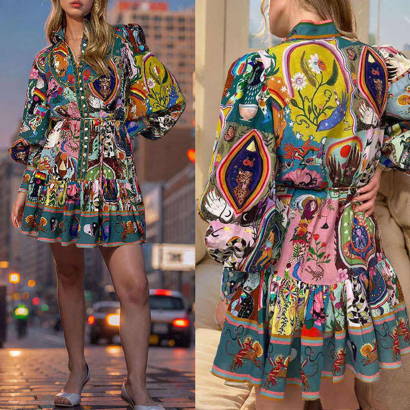 Womens Designer Clothing Women Dresses Womens Dress Vestido De Mujer 2025 Womens Printed Round Neck Waist Cinched Lace Up Ruffle Edge Pleated Dress