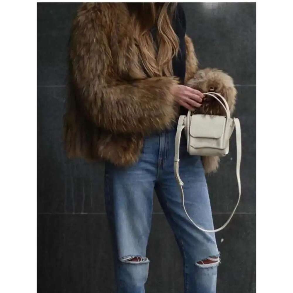 LGRQ 2025 New Fur Fashion Women Clothes, Full Sleeves Wool Blends Khaki Color Open Over Coat ,Wq1009604l Designer
