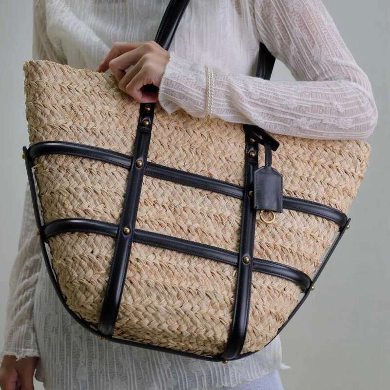 Ladies Straw Beach Summer Crochet Handbag Women Bohemian Daily Tote PU Patchwork Shoulder Bag Large Capacity Weav