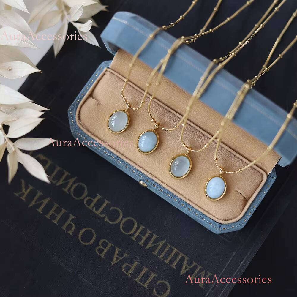 Oval Sky Blue Opal Titanium Steel Necklace Clear Stone Gold Plated Necklaces Women French Vintage Jewelry