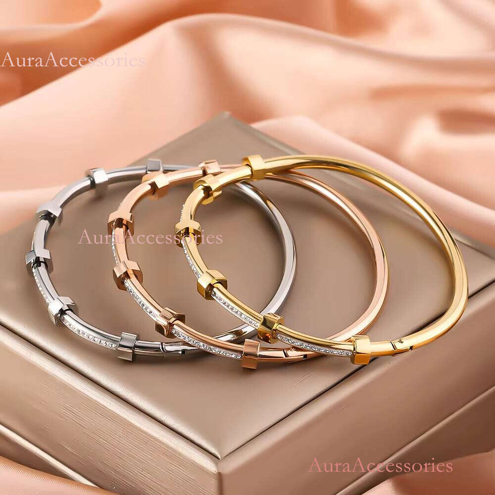 Geometric Crystal Double Layer Open Bracelet for Women Stainless Steel Cuff Bangles Fashion Party Jewelry Gift