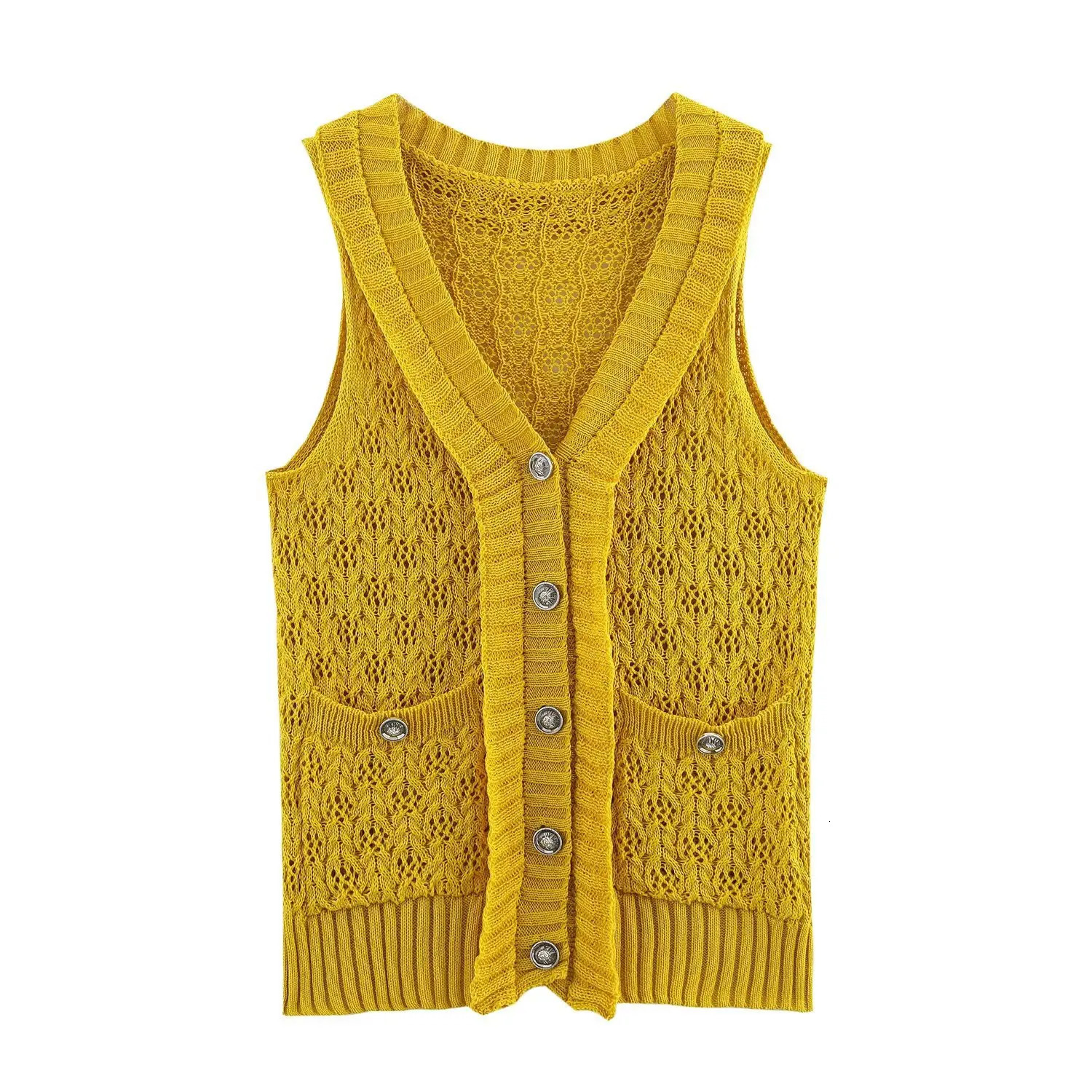 ZBZA Womens Knitted Cardigan Vest Slim Fit VNeck Sleeveless Solid Single Breasted Pocket Elastic Hem Top Spring Chic 250506